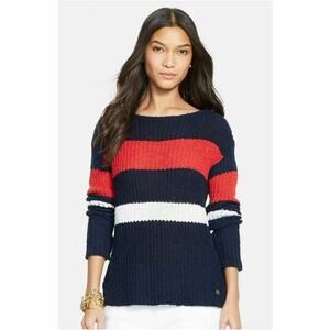 Ralph Lauren Womens L Pullover Knit Sweater Linen Red White Blue Festive Comfy